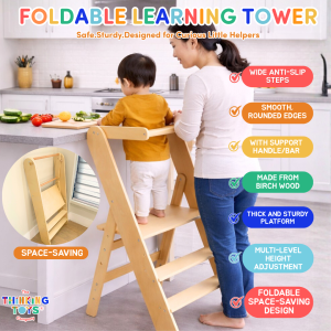 Thinking Toys GROW-WITH-U Foldable Learning Tower Kitchen Helper for Toddler and Kids Adjustable Height