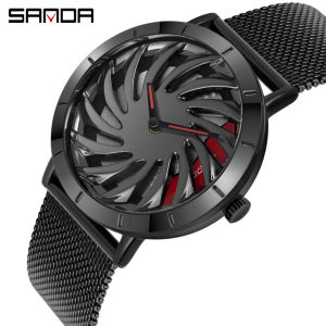 SANDA Mens Outdoors Sport Wheel Wristwatch Men Fashion Creative 360° Rotating Dial Stainless Steel Mesh Strap Waterproof Quartz Watch