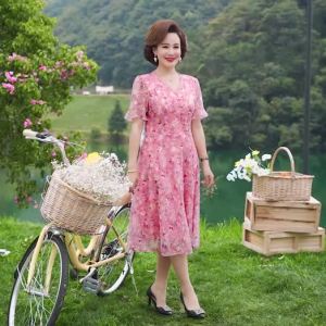 2025Women Summer Casual Dress Ladies Middle-aged Print Short Sleeve Pleated Dresses Female Vintage V-neck Vestidos8/25