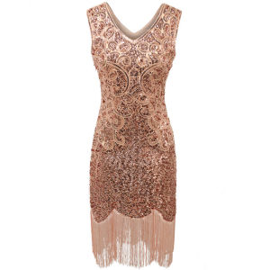 20241920S Vintage Gatsby Sequin Dress Party Dress Tassel Dance Dress Pairs V Collar Dress Stage Performance Costume