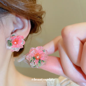 ต่างหูแฟชั่นดีไซน์สวยงามลวดลายสวยงามสีชมพูเรซิ่นดอกไม้