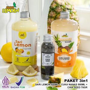 TERLARIS Paket Diet Sehat 3in1 Big Bundling Sari lemoen 500 ML + Cuka nanas 500 ml Murni chia seed 70 gr - By Juara Herbal