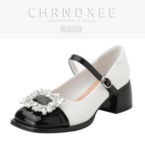 [Free Shipping] Spring Chunky Heel Snowflake Buckle Mid-Heel Sandals New Style One-Strap Sandals Versatile Flats