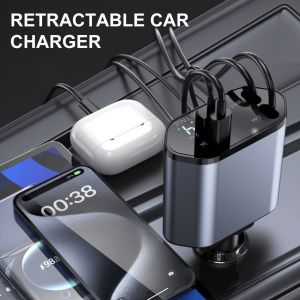 4in1 Universal Retractable Car Charger Fast Charger 120W USB Type C And IOS Scalable Car Charger Power Adapter