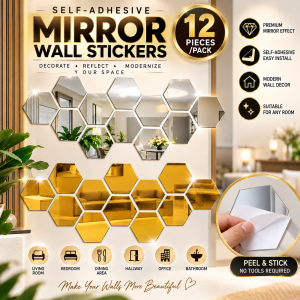 12PCS Self Adhesive Hexagon Mirror Wall Stickers Acrylic Reflective Tile Decal Honeycomb DIY Home Decor Peel Stick Modern Art for Living Room Bedroom Bathroom Office Removable Decorative Mosaic Silver Gold Interior Design Easy Installation Stylish Accents
