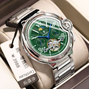 นาฬิกาจักรกลอัตโนมัติ POEDAGAR แบรนด์สวิสสำหรับผู้ชายนาฬิกาข้อมือปฏิทินสเตนเลสหรูกันน้ำใหม่