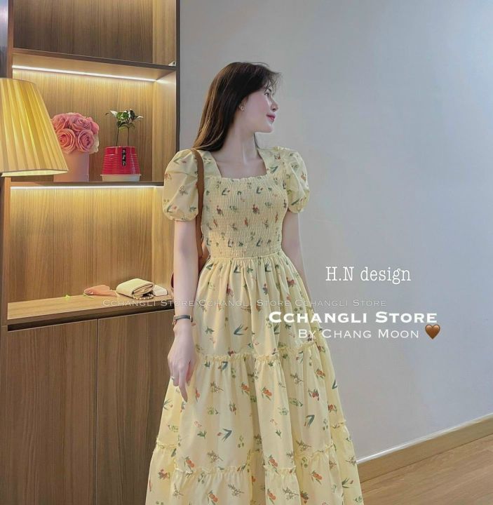 Váy Hoa Nhí Cổ Vuông Tay Bồng nhíu ngực viền bèo cutout lưng Dáng Ngắn -  Đầm, váy nữ | ThờiTrangNữ.vn