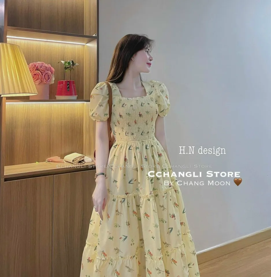 Đầm Hoa Lụa Nhí Dáng Dài Tay Bồng Cổ Vuông V107 - Cloudy Dress