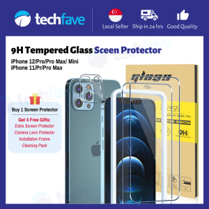SG TechFave 9H Tempered Glass Screen Protector Value Pack for iPhone 12 Series Pro Max Mini iPhone 11 Series Pro Max (2 Screen Protectors 1 Lens Protector Cleaning Kit Installation Frame)