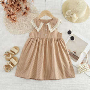 Menoea 3 To 7 Years Girl Summer Plain Clothes Korean Version Pastoral Style Lapel Sleeveless Plaid Lace Vest Princess Dress Fashion Kids Casual Wear