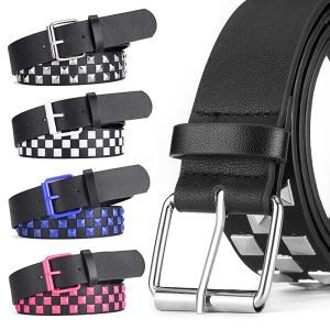 Personalised Rivets Checkerboard PU Leather Belt 107CM Men And Women Universal Fashion Hip-hop Punk Belt Ins Style