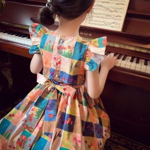 Girls Dress Childrens 2024 Summer New Fashionable Flying Sleeves Checked Tulip Princess
