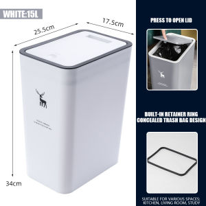 Trash Can with Cover Press Type Rectangular Trash Can for Kitchen Bathroom Bedroom Garbage Bin Container