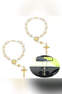 ACEKOGO 1Pcs Rearview Mirror Auto Rosary Hanging Personalized Car Cross Blessing Catholic Car Medal For Truck Bike Motorcycle Car Mirror Hanging Accessories Interior Decors (Black) Car Accessories