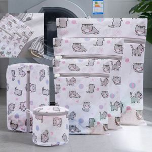 ZM10Q น่ารักน่ารักๆ ถุงซักผ้าซักอบรีด การพิมพ์ลาย แมวการ์ตูนแมว ถุงซักชุดชั้นใน ในเครื่อง พร้อมซิปรูด กระเป๋าใส่เสื้อผ้าสกปรก ของใช้ในครัวเรือน