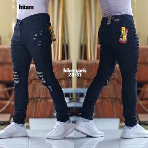 Celana Biker Panjang Model Garis Sobek Celana Jeans Pria Dewasa Celana Jeans Pria Panjang Bahan Denim Melar Slimfit