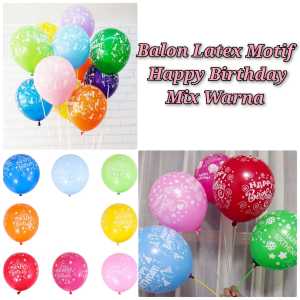 Balon Ulang Tahun Bulat Warna Warni Latex Motif Tulisan Happy Birthday isi 10 Pc Tebal Murah