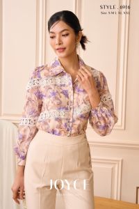 6916 เสื้อเชิ้ตคอตตอนซิลด์พิมพ์ลายดอก กระดุมหน้า แทรกทริมลูกไม้ มีซับในด้านหน้า แขนยาว by PENNY CLOTH 888