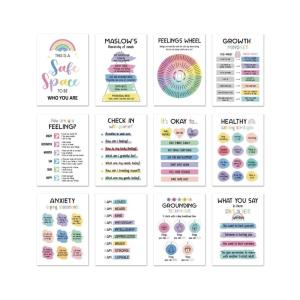 12 Sheets 10x14Inch Calming Corner Posters Feelings Chart for Office Classroom Mental Health Counseling Wall Chart