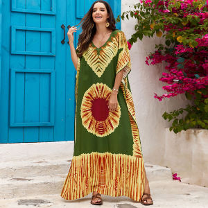 2025 Áo mặc bikini cổ chữ V in hoài cổ áo dài đi biển kaftan xẻ Đầm maxi cỡ lớn Bộ Đồ Tắm Phong Cách Bohemian