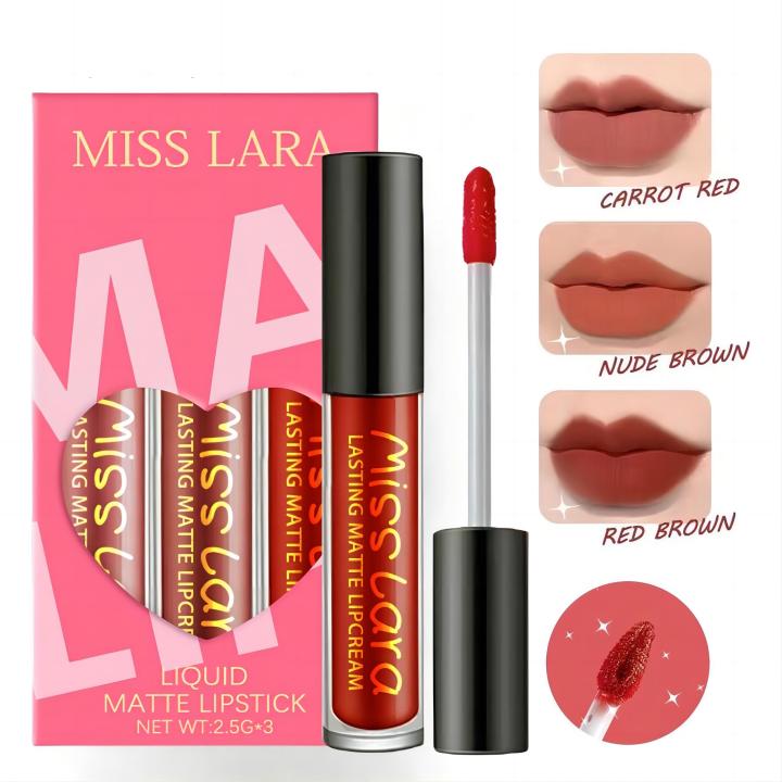 Miss Lara 3 PCS Lip Set Matte Liquid Soft VE Moisturizing Lipstick Long Lasting Lipgloss Smooth Lightweight NON-STICK CUP Lip Makeup