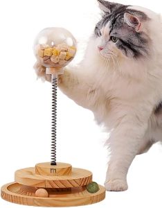 Marchul Cat Ball Toy with Treat Ball KittenTreat Dispenser Toy with Rolling Wheel Track Catnip Ball Interactive Cat Toy Wooden Indoor Kitten Food Toy with Automatic Slow Feeder