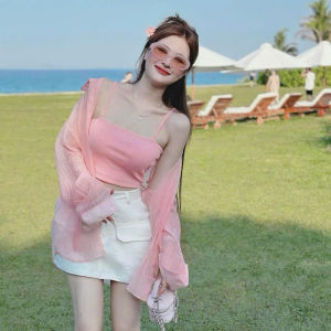 Bộ đồ nữ mùa hè áo thun Tăm 2 dây kèm chân váy Kaki và áo khoác Tơ nhẹ thời trang dạo phố đi biển