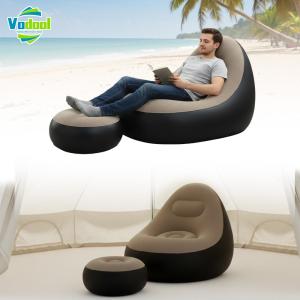 PVC Flocking Inflatable Folding Lazy Sofa with Foot Stool Portable Air Sofa for Bedroom Living Room Reading Room