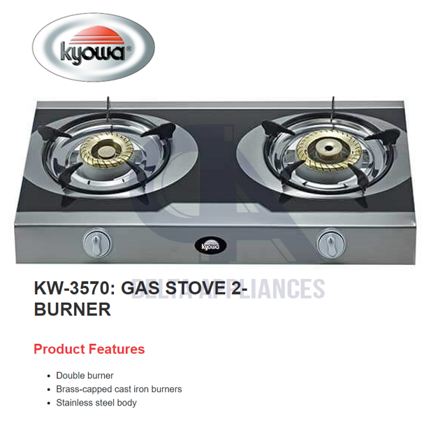 Kyowa KW-3570 Gas Stove 2-Burner Brass-Capped Cast Iron Burners