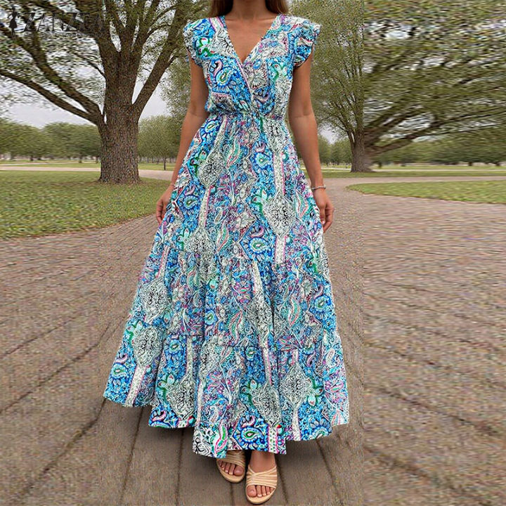 ZANZEA Women Elegant V-Neck Layered Design Ethnic Floral Dresses Cross Slit  A-Sleeveless Maxi Dress #0324 Lazada PH