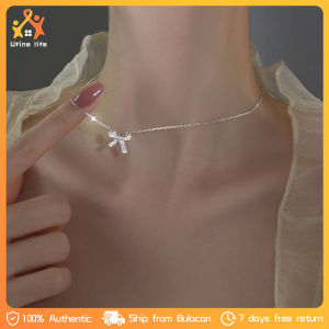 Silver Shining Zirconia Hollow Bow Pendant Necklace for Women Jewelry Gift