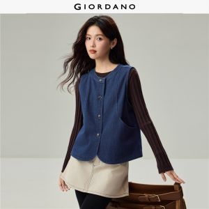 Giordano Beau Monde Women Seam detail pockets round neck denim vest Free Shipping 13376706