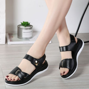 Free Shipping New Summer Collection: Versatile Flat Sandals For Women Featuring A Hook-And-Loop Closure Suitable For Women Casual Style Low Heel Korean Design Comfortable And Made Of Genuine Leather