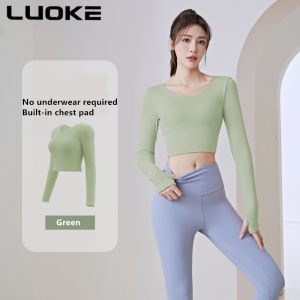 Luoke women sports wear External wear with fixed chest pad exposed navel cross cut-out back running fitness breathable tight long-sleeved yoga suit