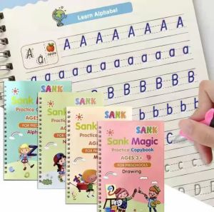4 Books + Pen Sank Magic Practice Copybook Free Wiping Childrens Copybook Magic Writing Sticker English Version