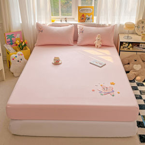Washed Cotton Bedsheet Capybara/Panda/Cat Embroidery Fully Gaeterized Bed Sheet Fitted Bedsheet Single Super Single Queen King Size Cadar Kartun Kanak
