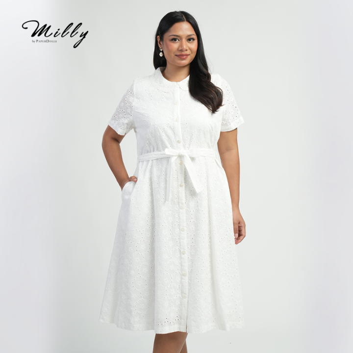 milly cleo shirt dress Milly Women's Linear Cotton Eyelet Cleo Shirt Dress | White