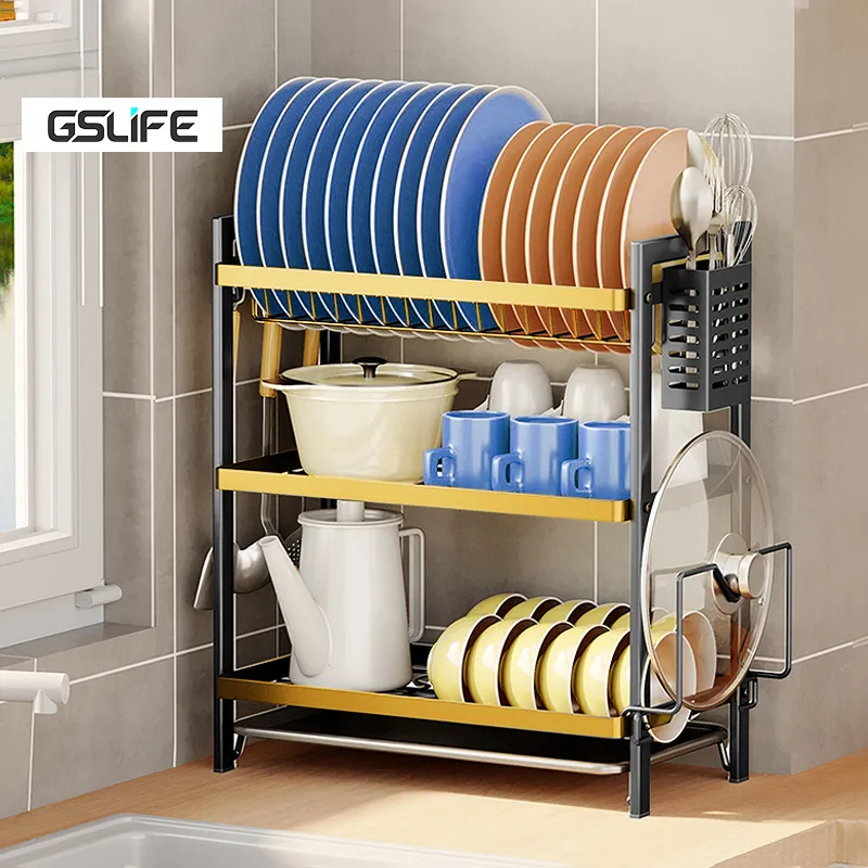 GSlife 2/3 Tiers Dish Drainer Dish Drying Rack Carbon Steel Plate