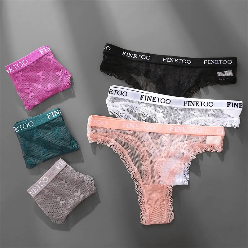 FINETOO 3PCS/Set Women Lace Thongs Panties Sexy Floral Underwear Girl  Fashion Women's Letter Strap S-XL Female Lingerie