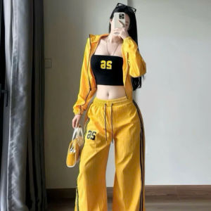 Set đồ thể thao set 3 món Đũi quần dài dây rút sọc mix áo trong Tăm phối áo khoác Đũi tay dài