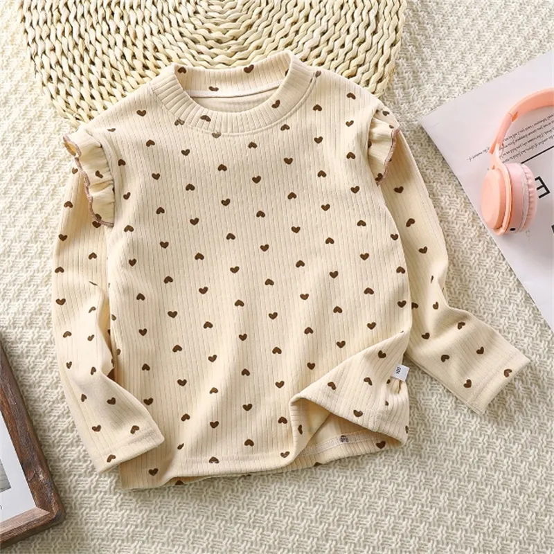 Korean Version Girls Autumn And Winter Flower Bottom Shirt Children Fashion  Casual Flying Sleeve T-Shirt Girl Kids Slim Cute Pattern Round Neck Long