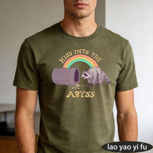 [Local Stock] HBESTY  Hiss Into The Abyss Raccoon Trash Can Rainbow Men Summer Cotton TShirt Funny Wildlife Meme Graphic Casual Daily Holiday Wear Top