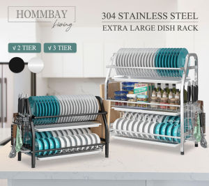 SLASHED PRICES TO CLEAR STOCK ! HOMMBAY Kitchen Rack [ Premium 304 Stainless Steel Kitchen Dish Rack ] 2 Tier Kitchen Dish Rack / 3 Tier Kitchen Dish Rack / Dishrack with Multi Compartments / Adjustable Hooks & Cutlery Holder & Knife Holder