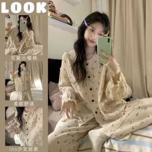 Bộ ngủ nữ đồ mặc nhà dài tay cho nữ ren ngọt ngào đáng yêu thu đông phong cách tiểu thư Pj5