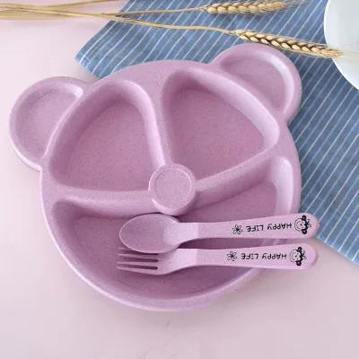 Peralatan Makan Anak Set 3-Piece Bentuk beruang Bahan Jerami Piring Garpu Sendok Lucu Murah PTT
