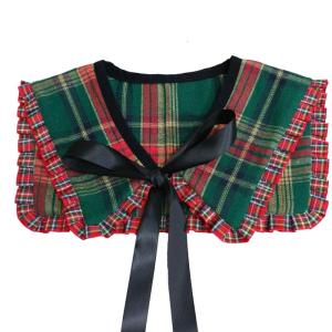 Decorative Ruffled Trim False Collar Neckline for Women Vintage Checkered Plaids Shawl Scarf Bows Tie Capelet Ponchos