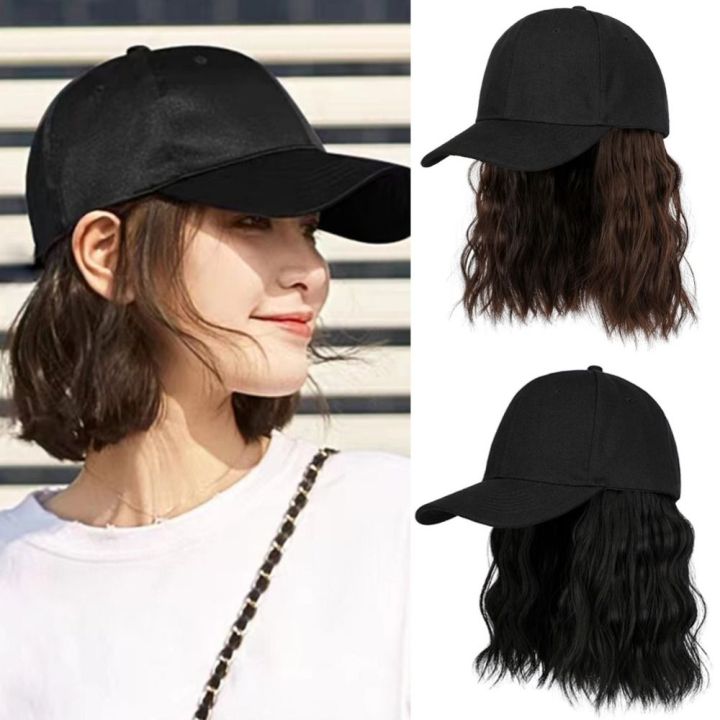 YISHA Fashion Baseball Cap Bob Hair Wig Sun Cap Medium Long Black