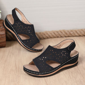 Free Shipping Summer Hollow Beach Sandals For Women 2026 New Plus Size Open-Toe Velcro Wedge Heel Sandals