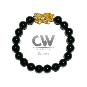 CW Manila - PiXiu / PiYao Stretch Bracelet - 10 mm Black Onyx Stones with PiXiu / PiYao Spacer - Stretch Bracelet Protection Fortune