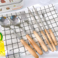 Locaupin Tableware Wooden Handle Stainless Steel Cutlery Spoon Two Prong Fork Knife Chopsticks Teaspoon Dinner Dish. 